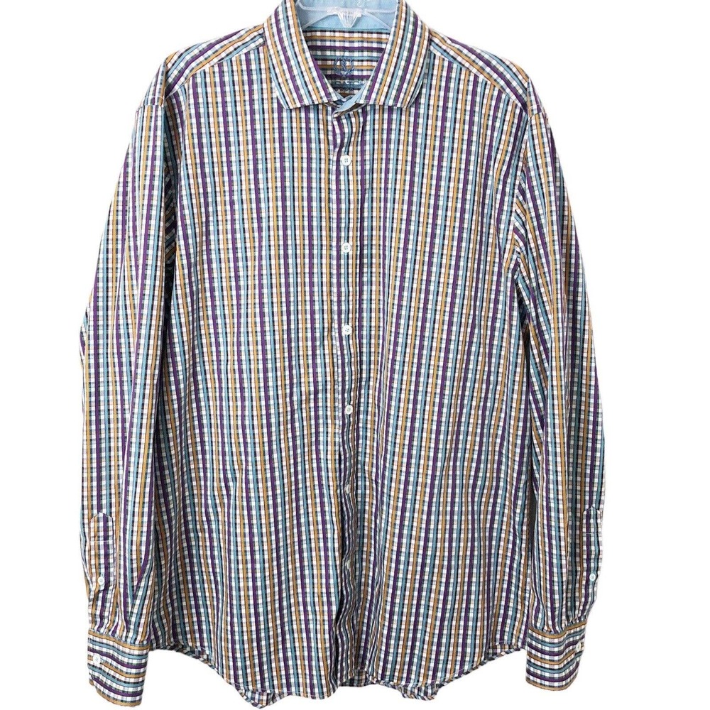 Bugatchi Uomo Men's Shaped Fit Multi-Color Plaid Checked Button Up Shirt Size XL